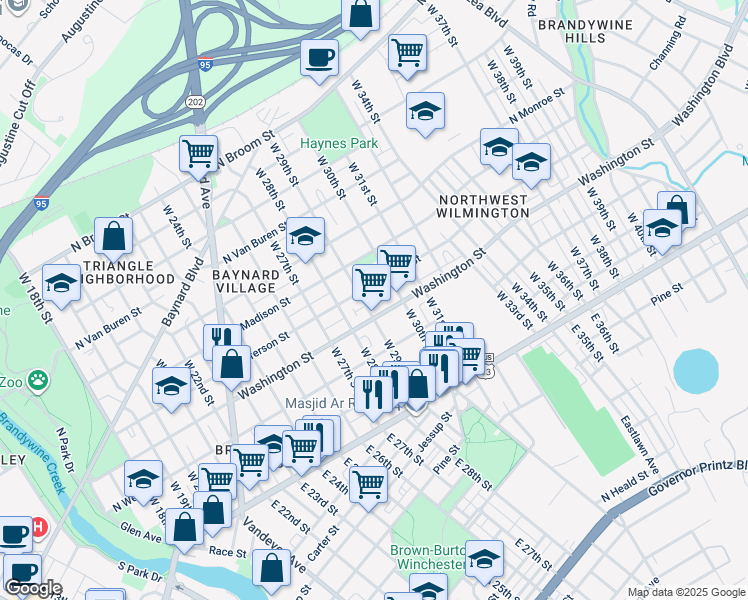 map of restaurants, bars, coffee shops, grocery stores, and more near 315 West 29th Street in Wilmington