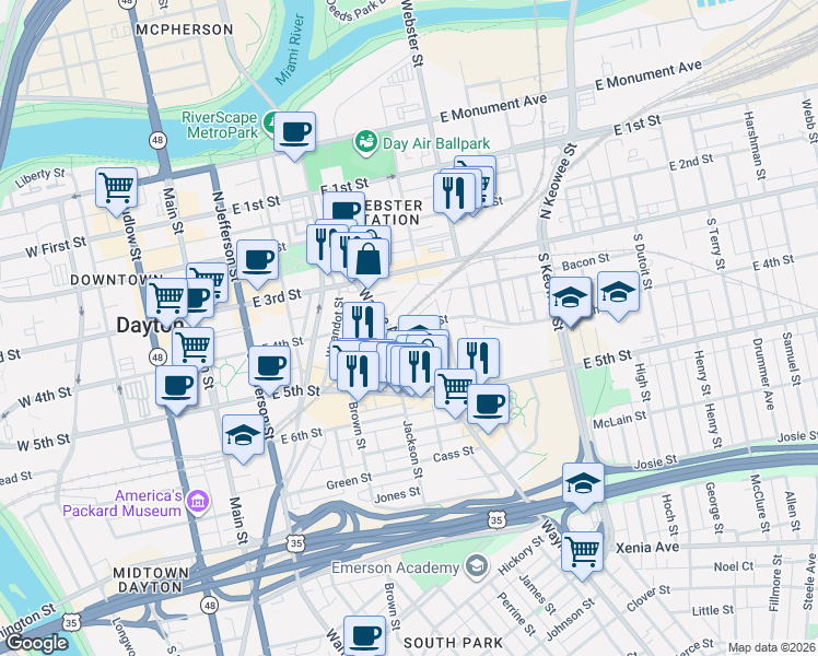 map of restaurants, bars, coffee shops, grocery stores, and more near 503 East 4th Street in Dayton