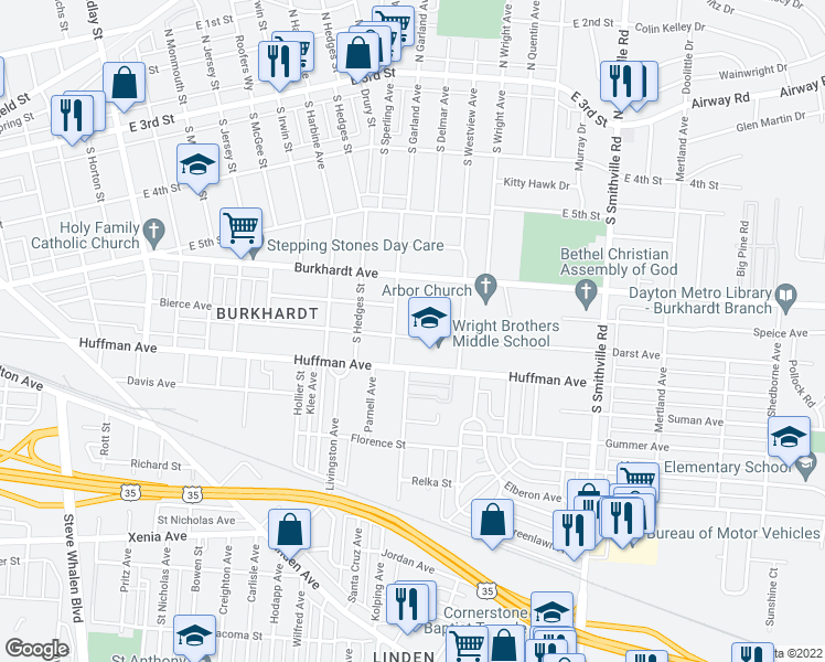 map of restaurants, bars, coffee shops, grocery stores, and more near 421 Pleasant Avenue in Dayton