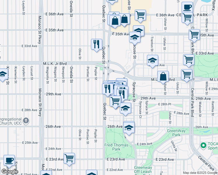 map of restaurants, bars, coffee shops, grocery stores, and more near 2970 Quebec Street in Denver