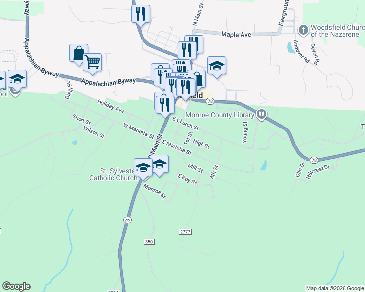 map of restaurants, bars, coffee shops, grocery stores, and more near 204 East Marietta Street in Woodsfield