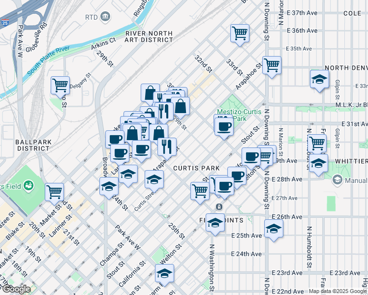 map of restaurants, bars, coffee shops, grocery stores, and more near 2810 Arapahoe Street in Denver
