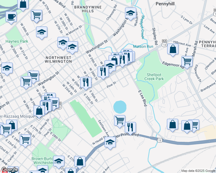 map of restaurants, bars, coffee shops, grocery stores, and more near 76 East 39th Street in Wilmington