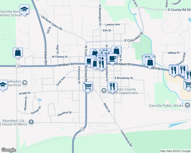 map of restaurants, bars, coffee shops, grocery stores, and more near 52 West Broadway Street in Danville