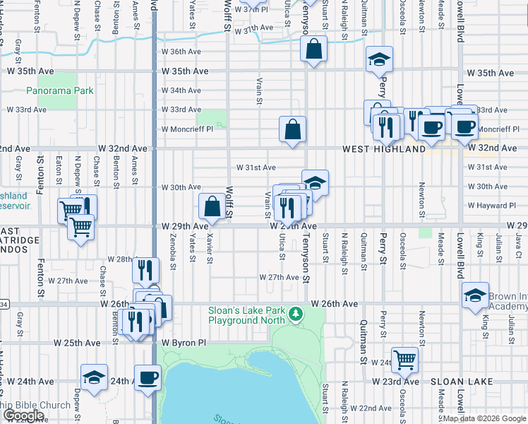 map of restaurants, bars, coffee shops, grocery stores, and more near 2931 Vrain Street in Denver