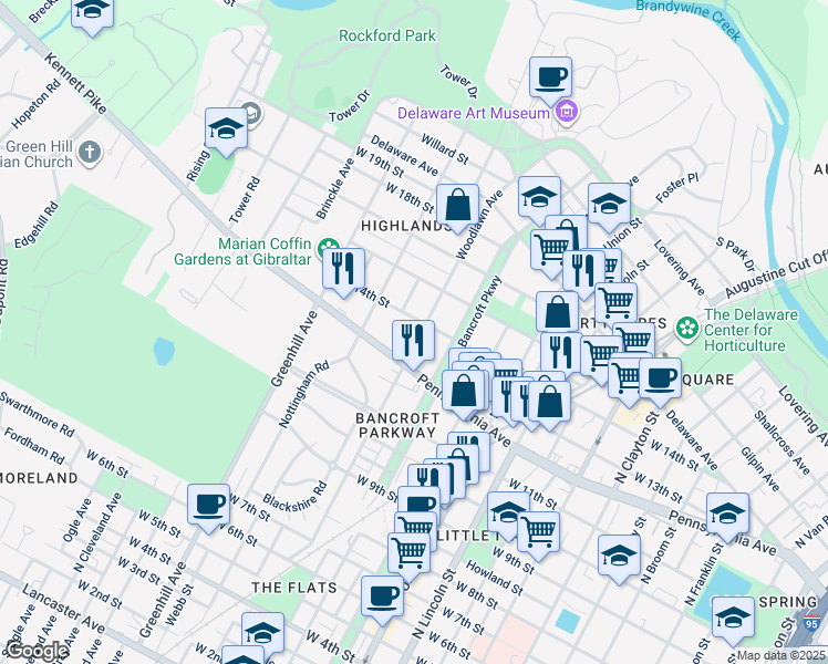 map of restaurants, bars, coffee shops, grocery stores, and more near 1317 Woodlawn Avenue in Wilmington