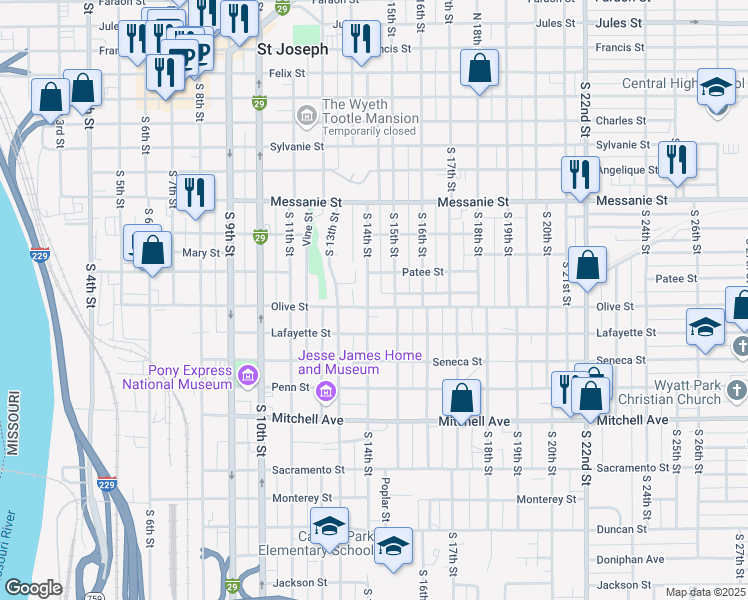 map of restaurants, bars, coffee shops, grocery stores, and more near 1401 Olive Street in Saint Joseph