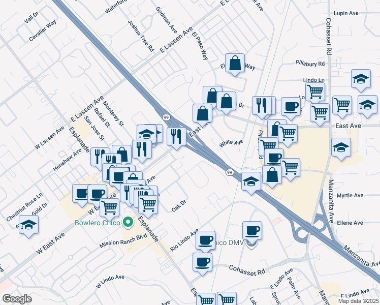 map of restaurants, bars, coffee shops, grocery stores, and more near 392 Connors Court in Chico