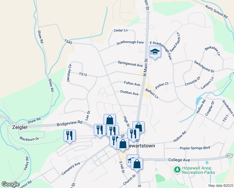 map of restaurants, bars, coffee shops, grocery stores, and more near 24 Ovelton Avenue in Stewartstown