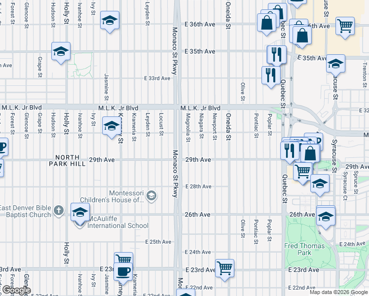 map of restaurants, bars, coffee shops, grocery stores, and more near 2940 North Monaco Street Parkway in Denver