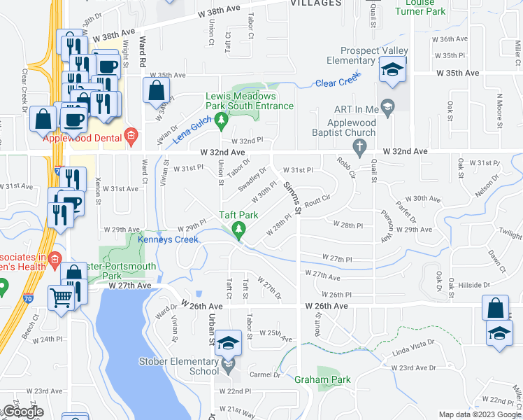map of restaurants, bars, coffee shops, grocery stores, and more near 11725 West 29th Place in Lakewood