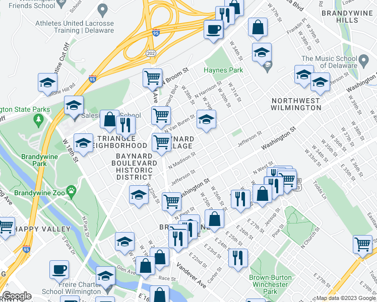 map of restaurants, bars, coffee shops, grocery stores, and more near 502 West 26th Street in Wilmington