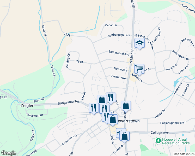 map of restaurants, bars, coffee shops, grocery stores, and more near 36 Highland Manor Drive in Stewartstown