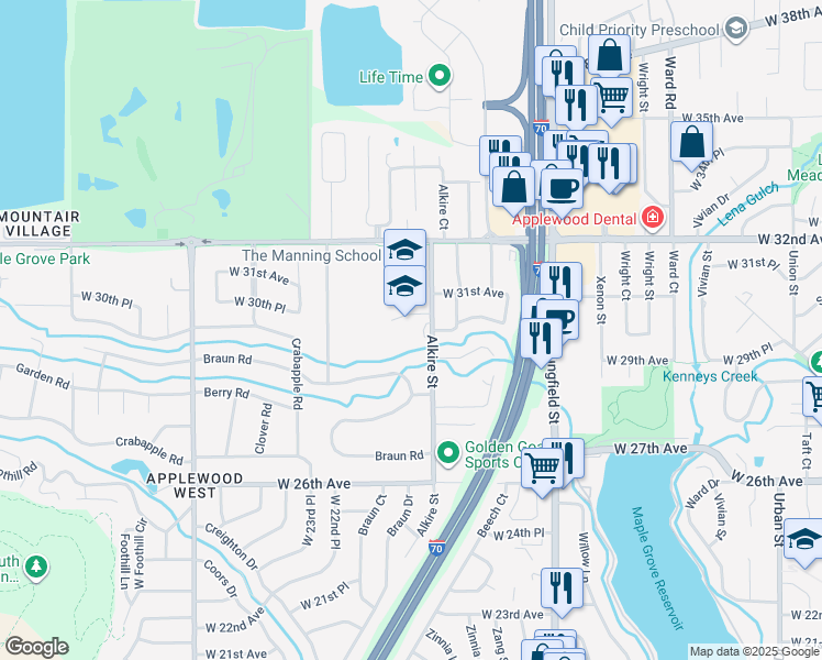 map of restaurants, bars, coffee shops, grocery stores, and more near 3085 Alkire Street in Golden