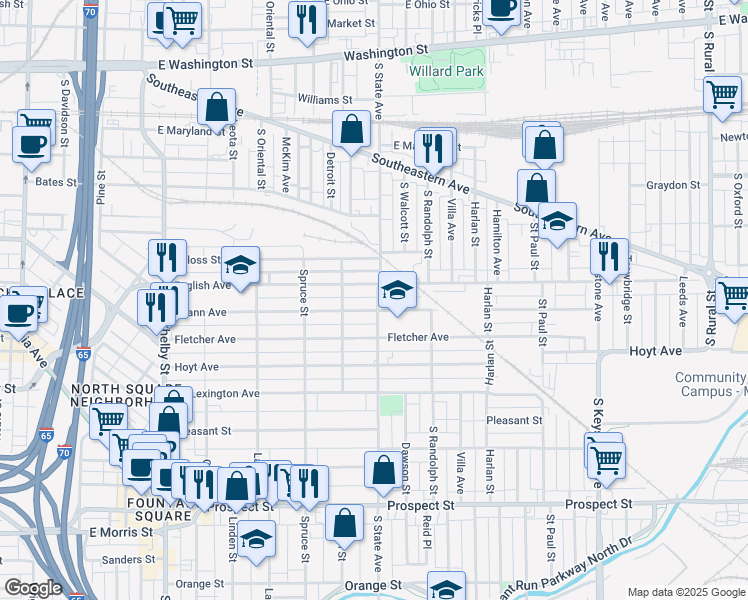 map of restaurants, bars, coffee shops, grocery stores, and more near 1628 Spann Avenue in Indianapolis