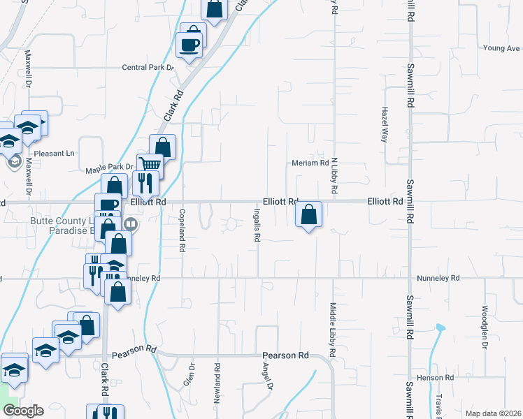map of restaurants, bars, coffee shops, grocery stores, and more near 1300 Elliott Road in Paradise