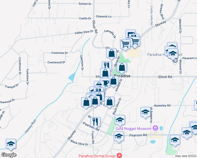 map of restaurants, bars, coffee shops, grocery stores, and more near 666 Elliott Road in Paradise