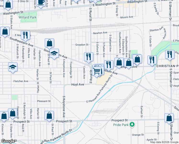 map of restaurants, bars, coffee shops, grocery stores, and more near 528 South Rural Street in Indianapolis