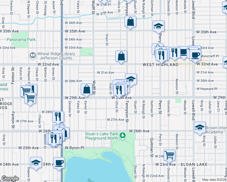 map of restaurants, bars, coffee shops, grocery stores, and more near 4540 West Hayward Place in Denver
