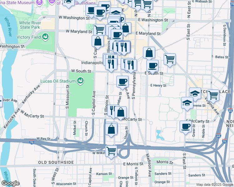 map of restaurants, bars, coffee shops, grocery stores, and more near 601 South Meridian Street in Indianapolis