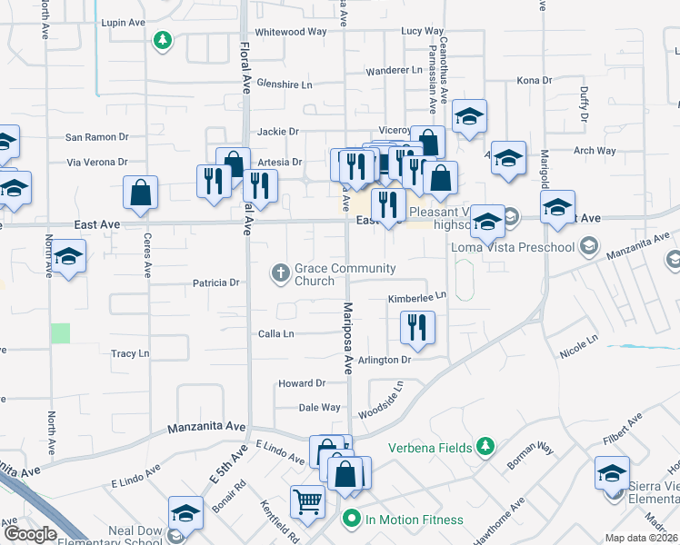 map of restaurants, bars, coffee shops, grocery stores, and more near 1 Jenny Way in Chico