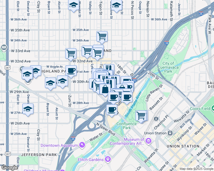map of restaurants, bars, coffee shops, grocery stores, and more near 1560 Boulder Street in Denver