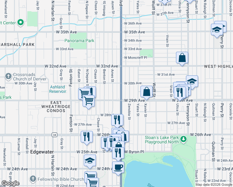 map of restaurants, bars, coffee shops, grocery stores, and more near 2910 Ames Street in Wheat Ridge