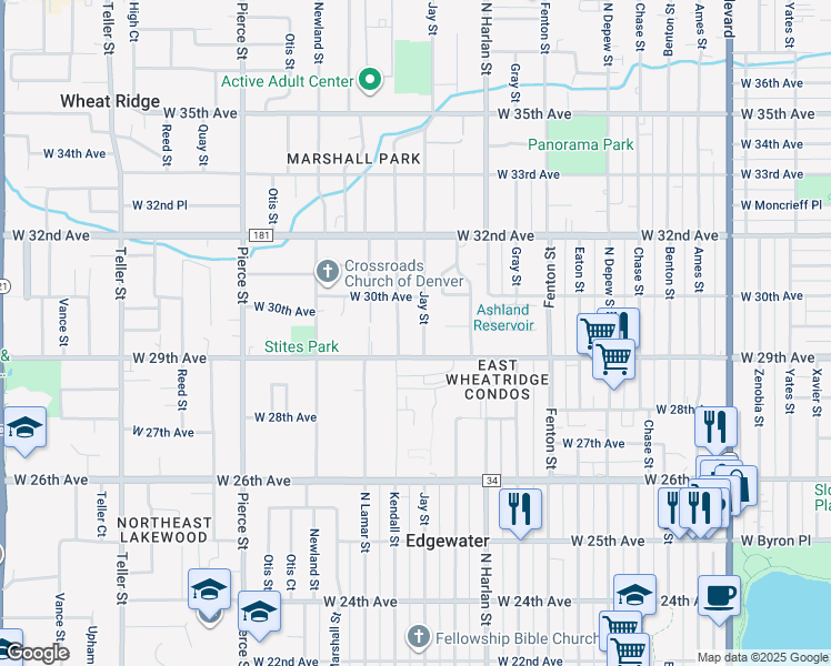 map of restaurants, bars, coffee shops, grocery stores, and more near 2920 Kendall Street in Wheat Ridge