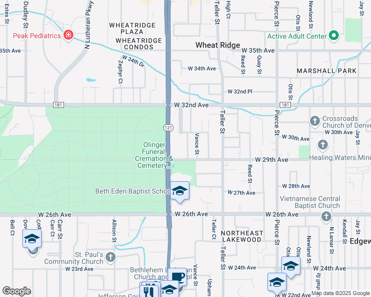 map of restaurants, bars, coffee shops, grocery stores, and more near 2910 Webster Street in Wheat Ridge