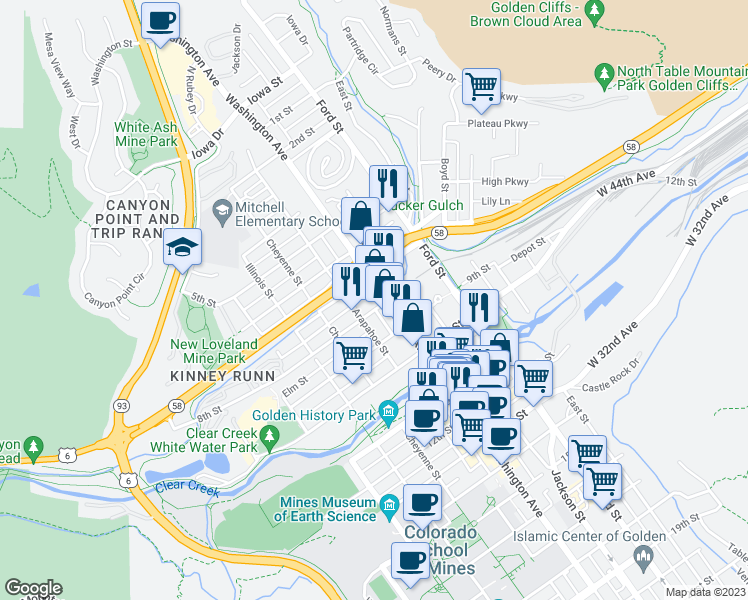 map of restaurants, bars, coffee shops, grocery stores, and more near 802 Washington Avenue in Golden