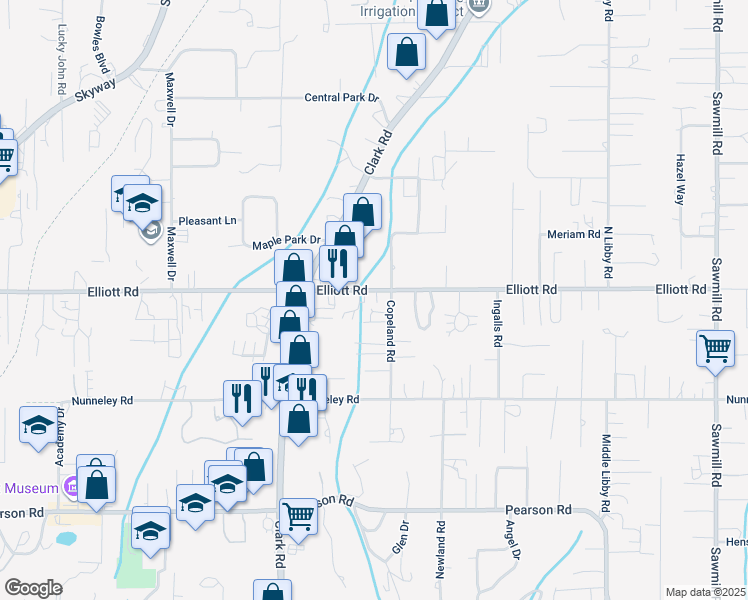 map of restaurants, bars, coffee shops, grocery stores, and more near 1166 Elliott Road in Paradise