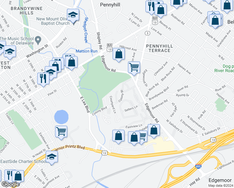 map of restaurants, bars, coffee shops, grocery stores, and more near 15 Courtyard Lane in Wilmington