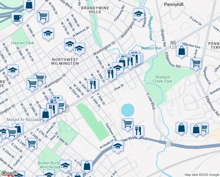 map of restaurants, bars, coffee shops, grocery stores, and more near 10 East 39th Street in Wilmington