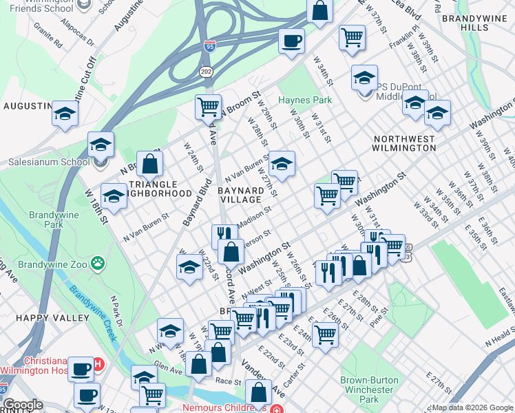 map of restaurants, bars, coffee shops, grocery stores, and more near 2512 Zebley Place in Wilmington