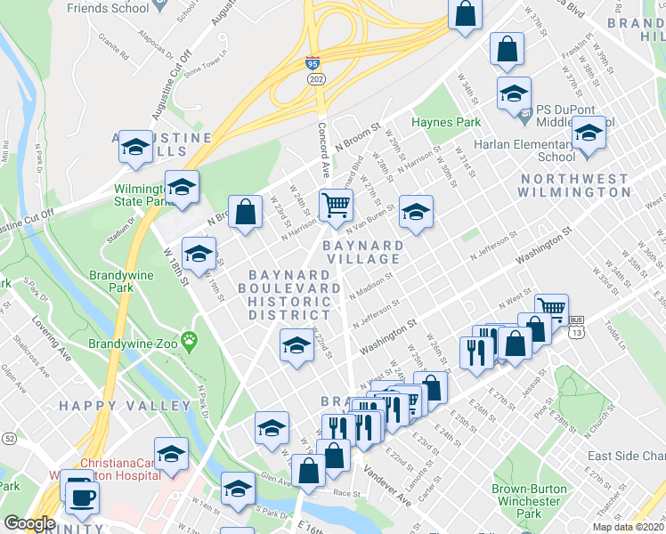 map of restaurants, bars, coffee shops, grocery stores, and more near 2404 North Monroe Street in Wilmington