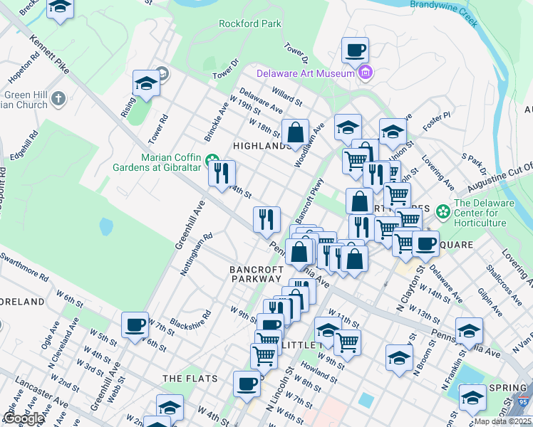 map of restaurants, bars, coffee shops, grocery stores, and more near 1317 Woodlawn Avenue in Wilmington