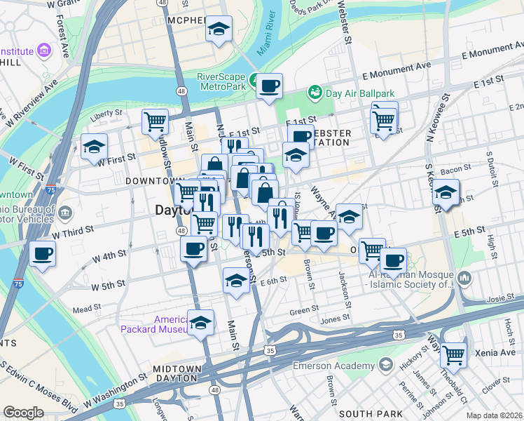 map of restaurants, bars, coffee shops, grocery stores, and more near 28 South Jefferson Street in Dayton