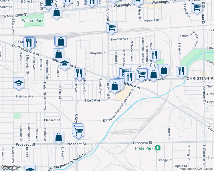 map of restaurants, bars, coffee shops, grocery stores, and more near 528 South Rural Street in Indianapolis