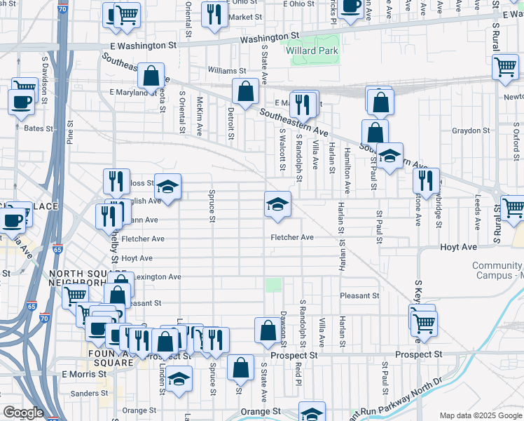 map of restaurants, bars, coffee shops, grocery stores, and more near 1628 Spann Avenue in Indianapolis