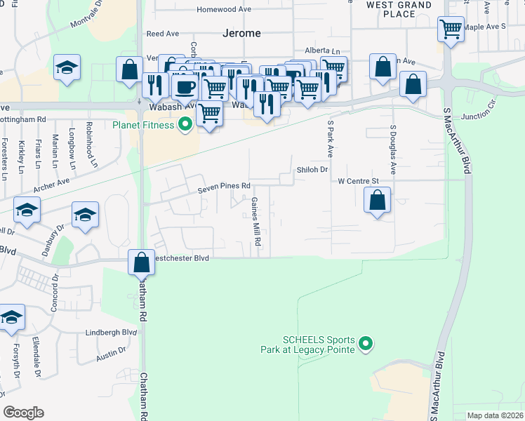 map of restaurants, bars, coffee shops, grocery stores, and more near 1532 C Seven Pines Road in Springfield