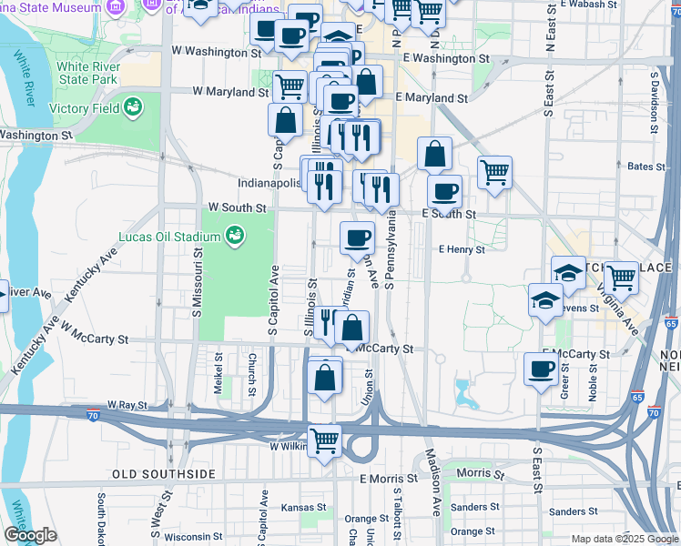 map of restaurants, bars, coffee shops, grocery stores, and more near 546 South Meridian Street in Indianapolis
