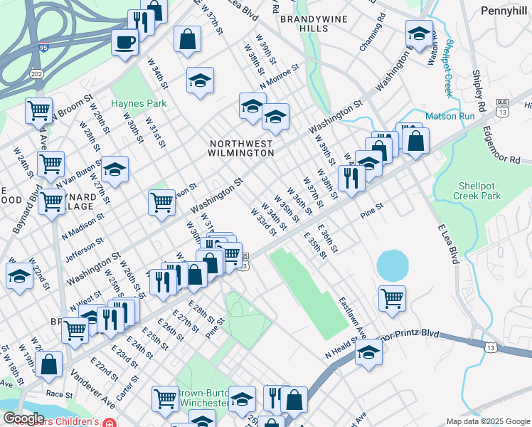 map of restaurants, bars, coffee shops, grocery stores, and more near 110 West 34th Street in Wilmington