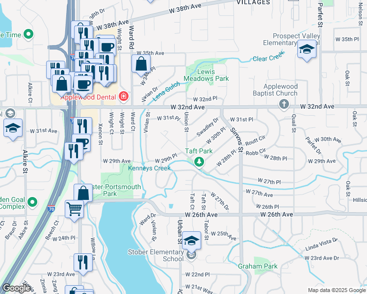 map of restaurants, bars, coffee shops, grocery stores, and more near 3042 Mountain Shadows Drive in Wheat Ridge