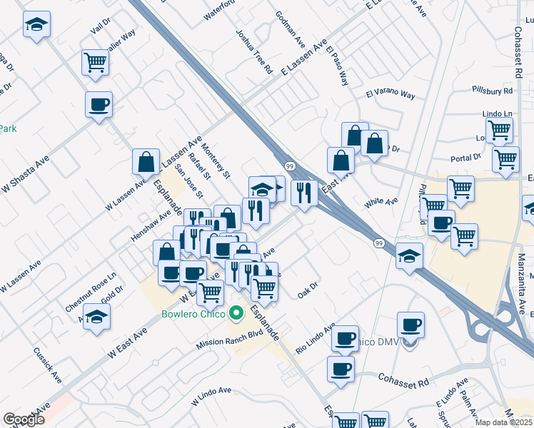 map of restaurants, bars, coffee shops, grocery stores, and more near 290 East Avenue in Chico