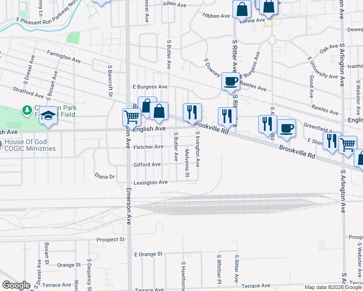 map of restaurants, bars, coffee shops, grocery stores, and more near 601 Melvenia Street in Indianapolis