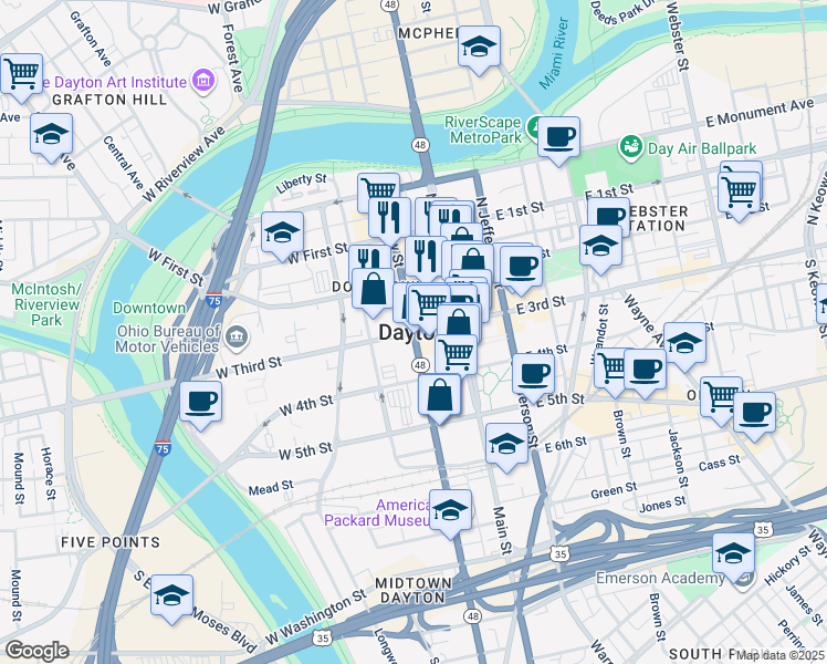 map of restaurants, bars, coffee shops, grocery stores, and more near in Dayton