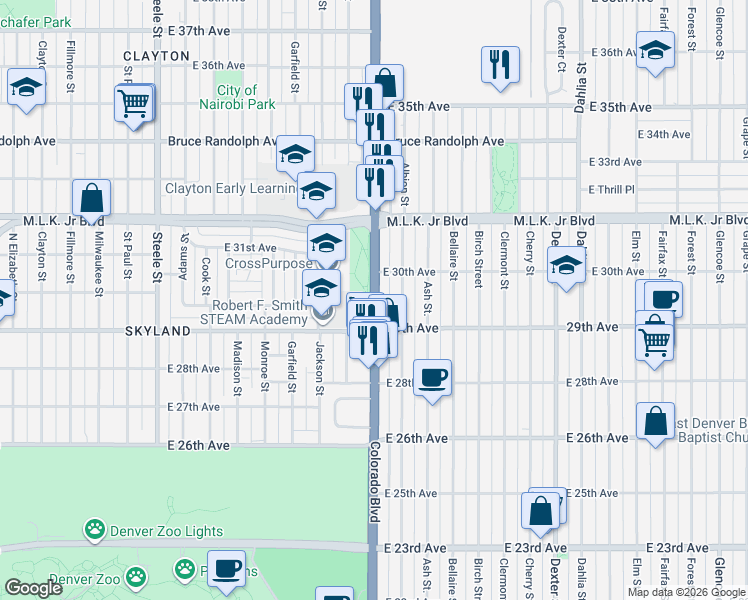 map of restaurants, bars, coffee shops, grocery stores, and more near 2947 Colorado Boulevard in Denver