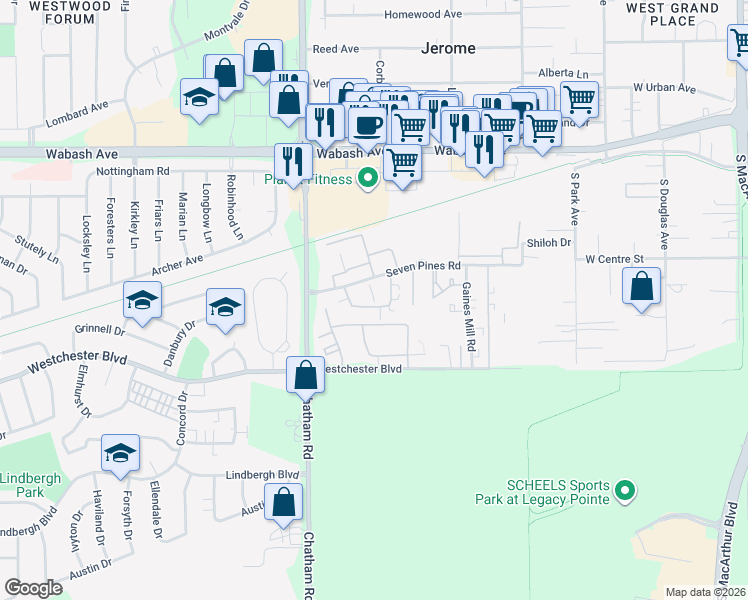 map of restaurants, bars, coffee shops, grocery stores, and more near 112 Brookside Place in Springfield