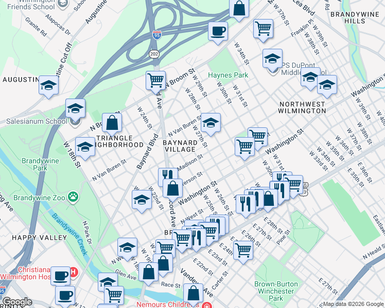 map of restaurants, bars, coffee shops, grocery stores, and more near 2512 Zebley Place in Wilmington