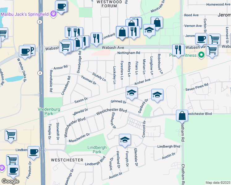 map of restaurants, bars, coffee shops, grocery stores, and more near Wabash Trail in Springfield